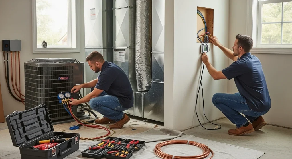 How long central air installation takes showing HVAC technicians working through the installation timeline