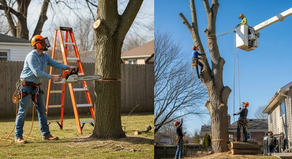 DIY vs professional cost to cut down a tree showing homeowner cutting a tree compared to licensed tree removal crew