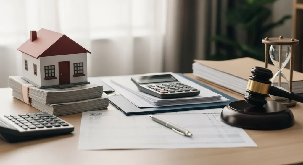 How long can probate take if the estate has property or debt shown with house documents, bills, and a judge’s gavel